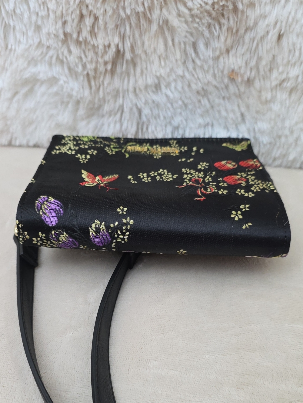 Steve Madden Black Floral Crossbody Bag Gold Chain Convertible Purse Wristlet - Picture 11 of 12